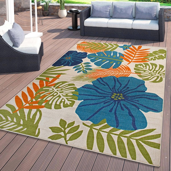 World Rug Gallery Tropical Floral Leaves Indoor/Outdoor Area Rug 5' X 7' Multi 9018MULTI5X7 - main